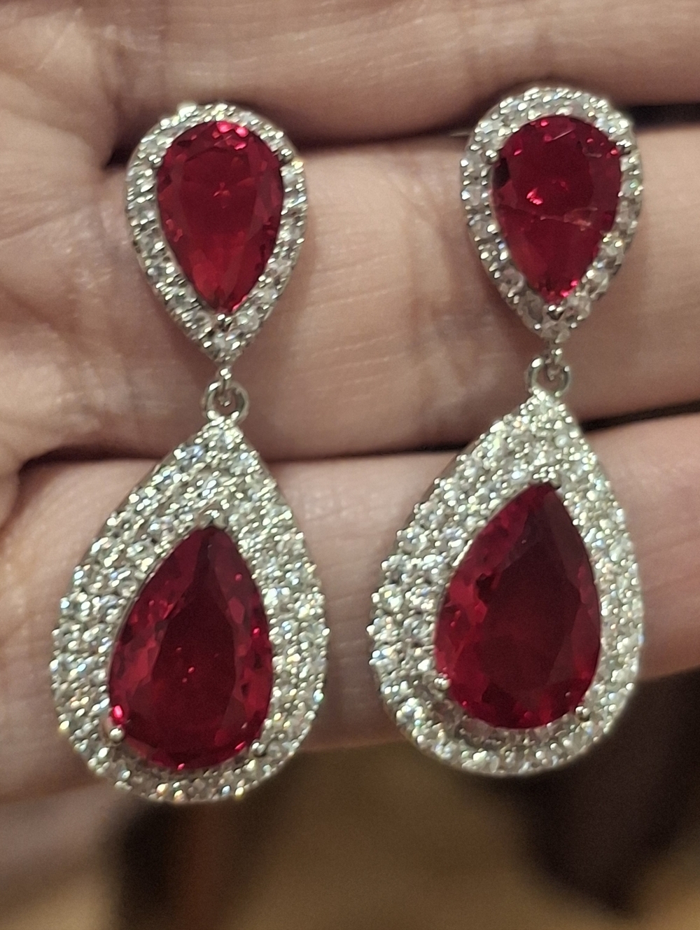 Ruby Red Diamond Teardrop Accented Dangle Evening Statement Earrings - Picture 2 of 4